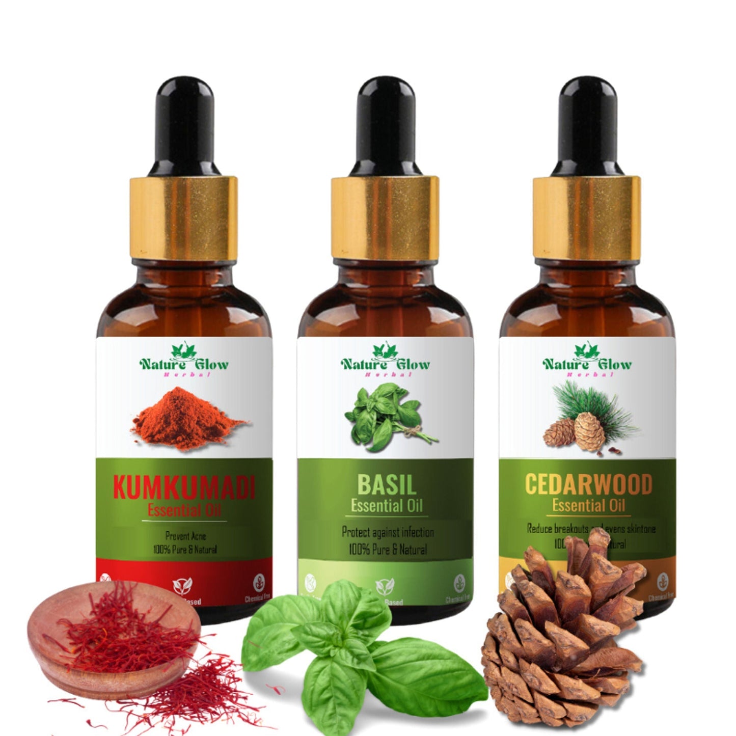 Nature Glow Herbal Kumkumadi & Basil & Cedarwood Essential Oil Combo