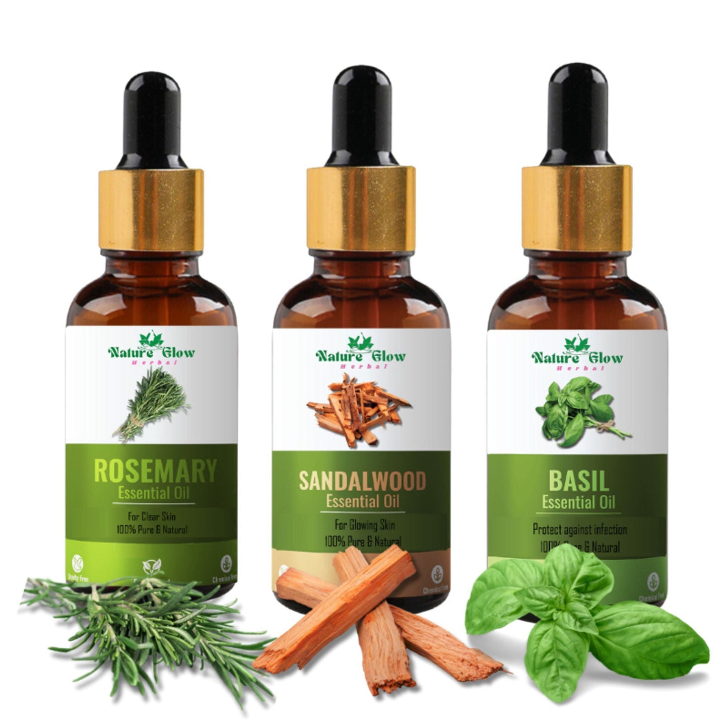 Nature Glow Herbal Rosemary & Sandalwood & Basil Essential Oil Combo