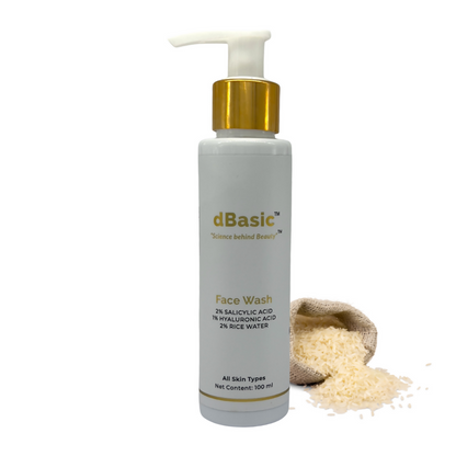 dBasic face wash bottle with ingredients on a white background