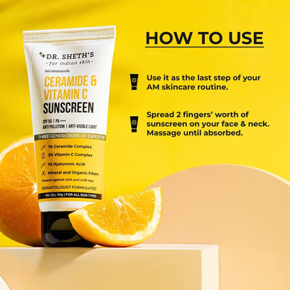Dr. Sheth's Ceramide & Vitamin C Sunscreen SPF 50+ PA+++ | UVA UVB Protection | All Skin Types