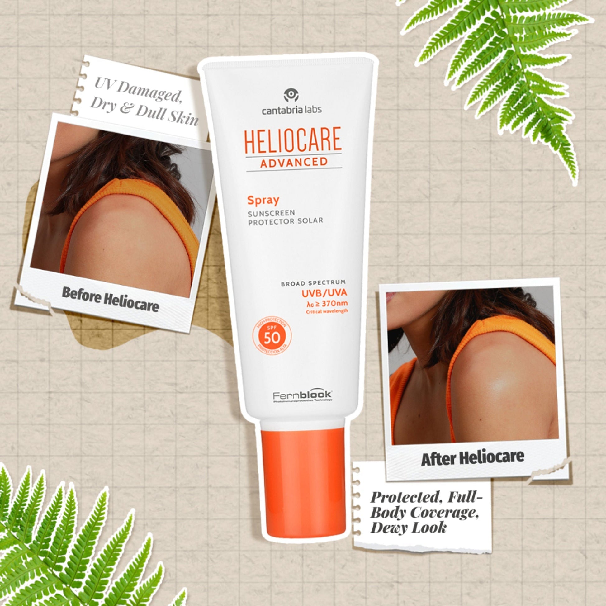 Heliocare Body Sunscreen Spray SPF 50 Broad Spectrum, New Gen Uv Filters, Dewy Finish