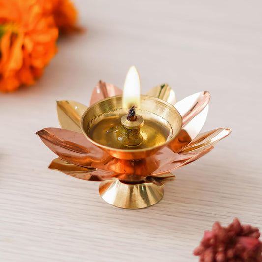 eCraftIndia Golden Lotus Flower Shape Decorative Brass Diya for Diwali Pooja | Diwali Diya for Puja | Housewarming, Diwali Gift Item | Diwali Decoration Items for Home Decor