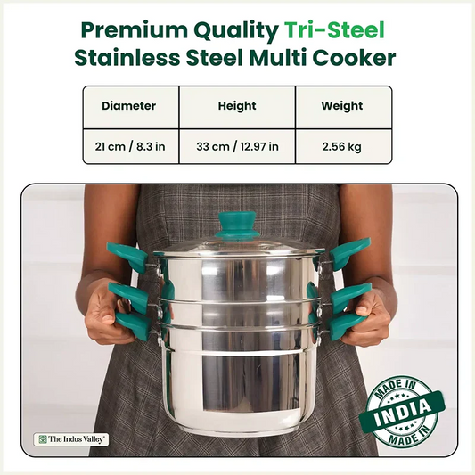 The Indus Valley Tri-steel Multi Cooker Pot Premium Stainless Steel Momo Maker/ Idiyappam/ Biryani/  Veg Steaming Set, 3 Pots, 21cm