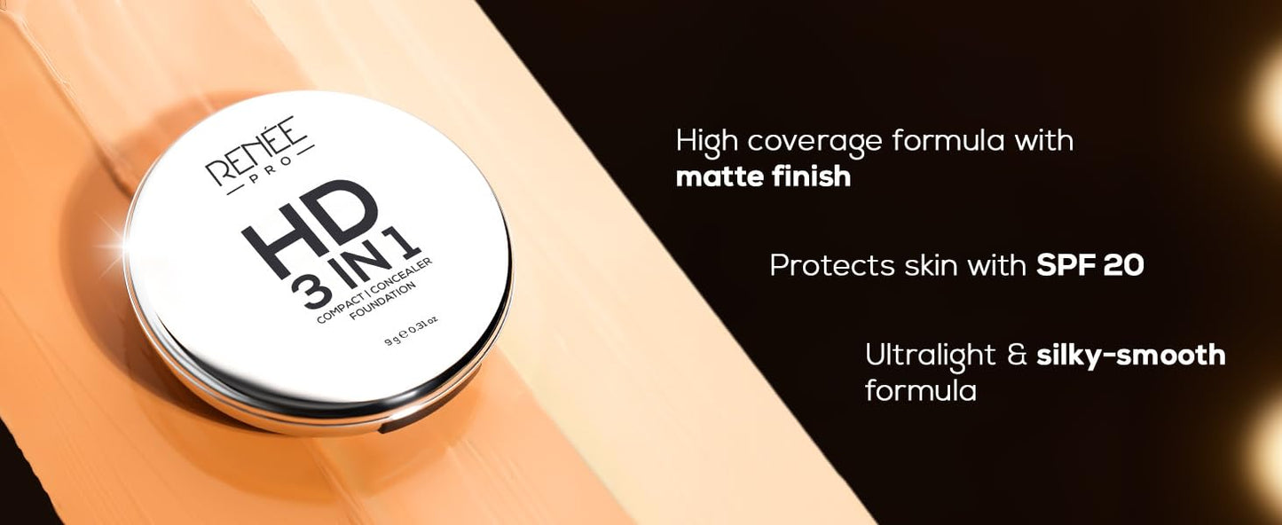 RENEE PRO HD 3 In 1 Compact,Concealer, Foundation - Gres, SPF 20, Matte Finish, High Coverage, Ultralight & Silky Smooth Finish, Enriched With Vitamin E, C & Aloe Vera - 9 Gm