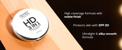 RENEE PRO HD 3 In 1 Compact,Concealer, Foundation - Gres, SPF 20, Matte Finish, High Coverage, Ultralight & Silky Smooth Finish, Enriched With Vitamin E, C & Aloe Vera - 9 Gm