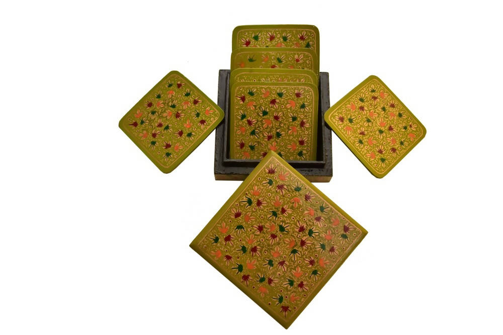 Nizalia Chinar Leaf Embossed Sea Green Paper Mache Square Coasters - Limited Time Offer