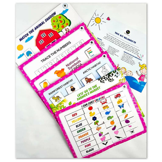 Educational children's activity book with colorful pages on a white background