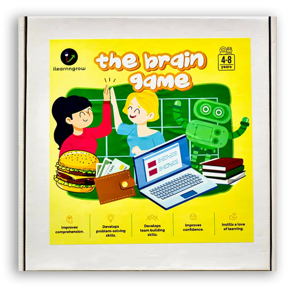 Box of 'the brain game' educational product for children, featuring cartoon characters and a laptop.