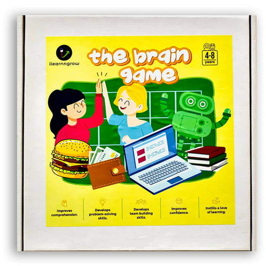 Box of 'the brain game' educational product for children, featuring cartoon characters and a laptop.