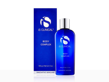 Blue bottle and box of is Clinical Body Complex on a white background