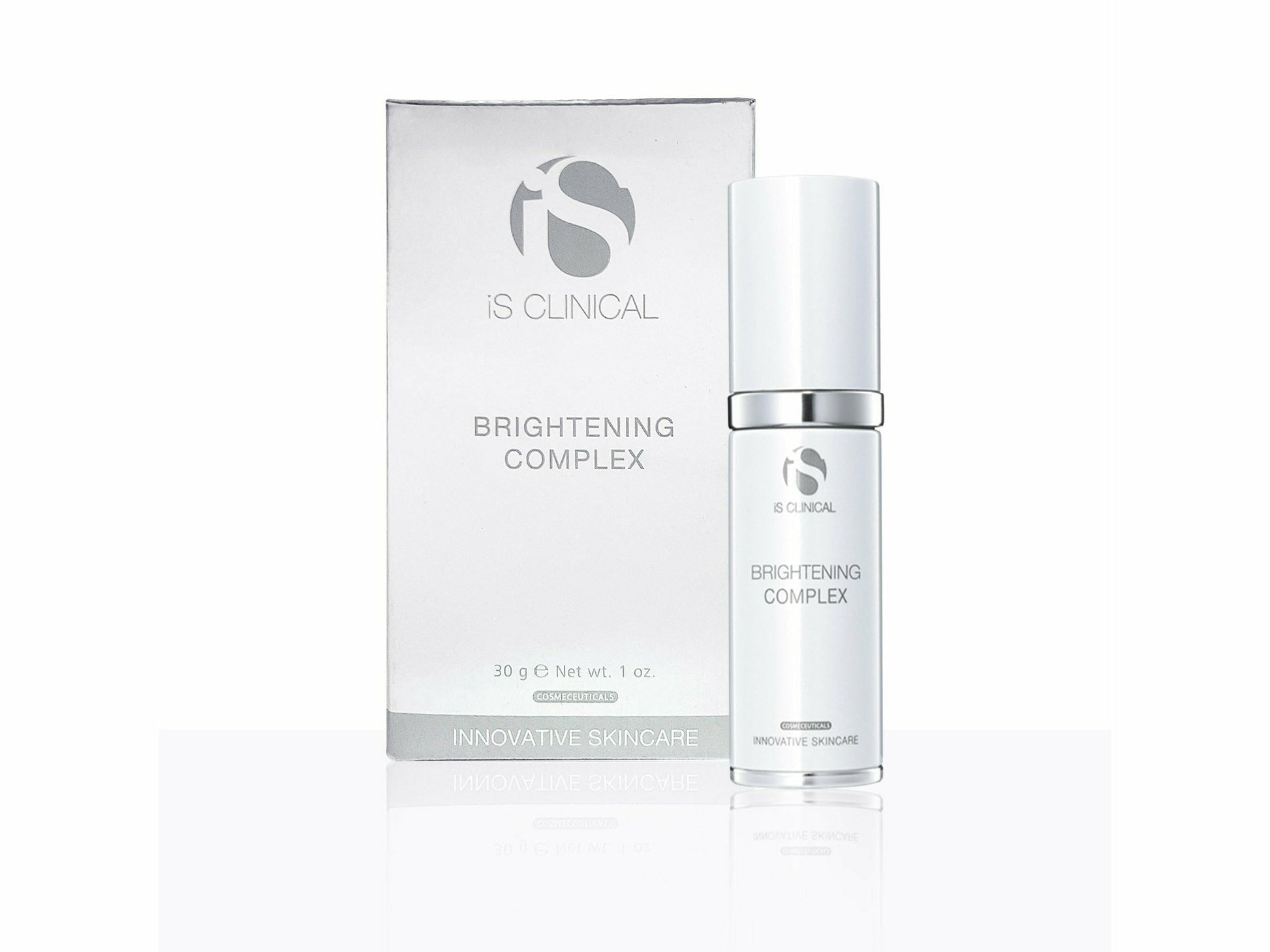 IS Clinical Brightening Complex packaging and bottle on a white background