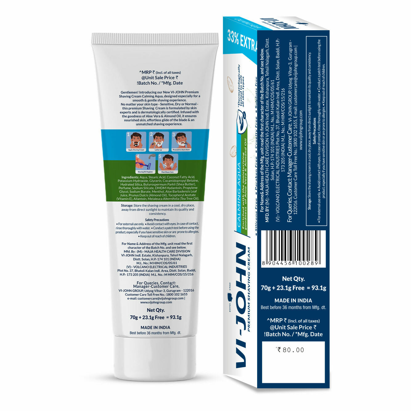 VI-JOHN Dermatologically Tested Premium Claming Aqua Shaving Cream Enriched with Aloevera & Almond Oil free From Silicone,Paraben & Mineral Oil