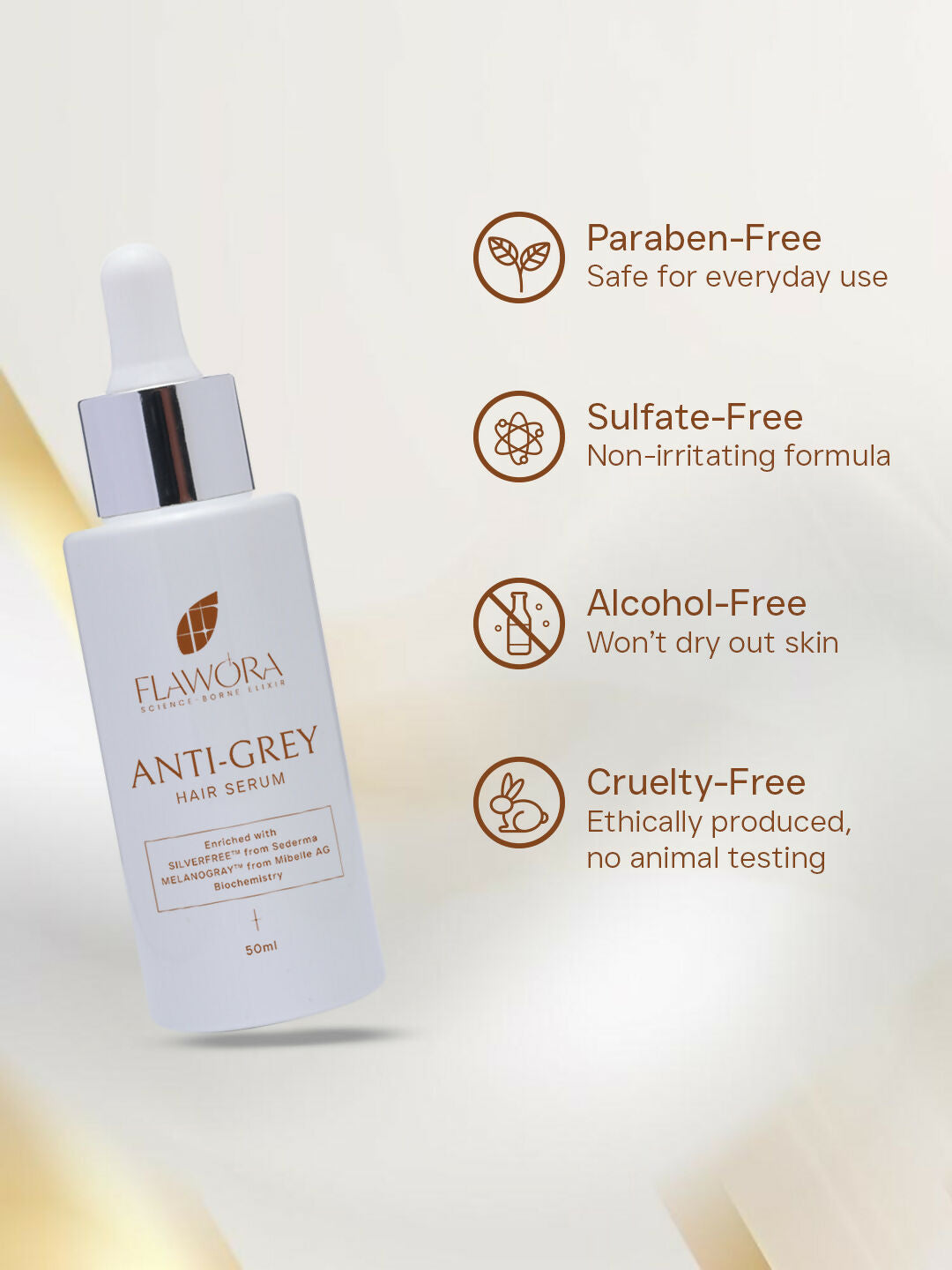 Flawora Anti-Grey Hair Serum For Reversing Grey Hair & Gold Face Serum For Brightening, Anti-Aging