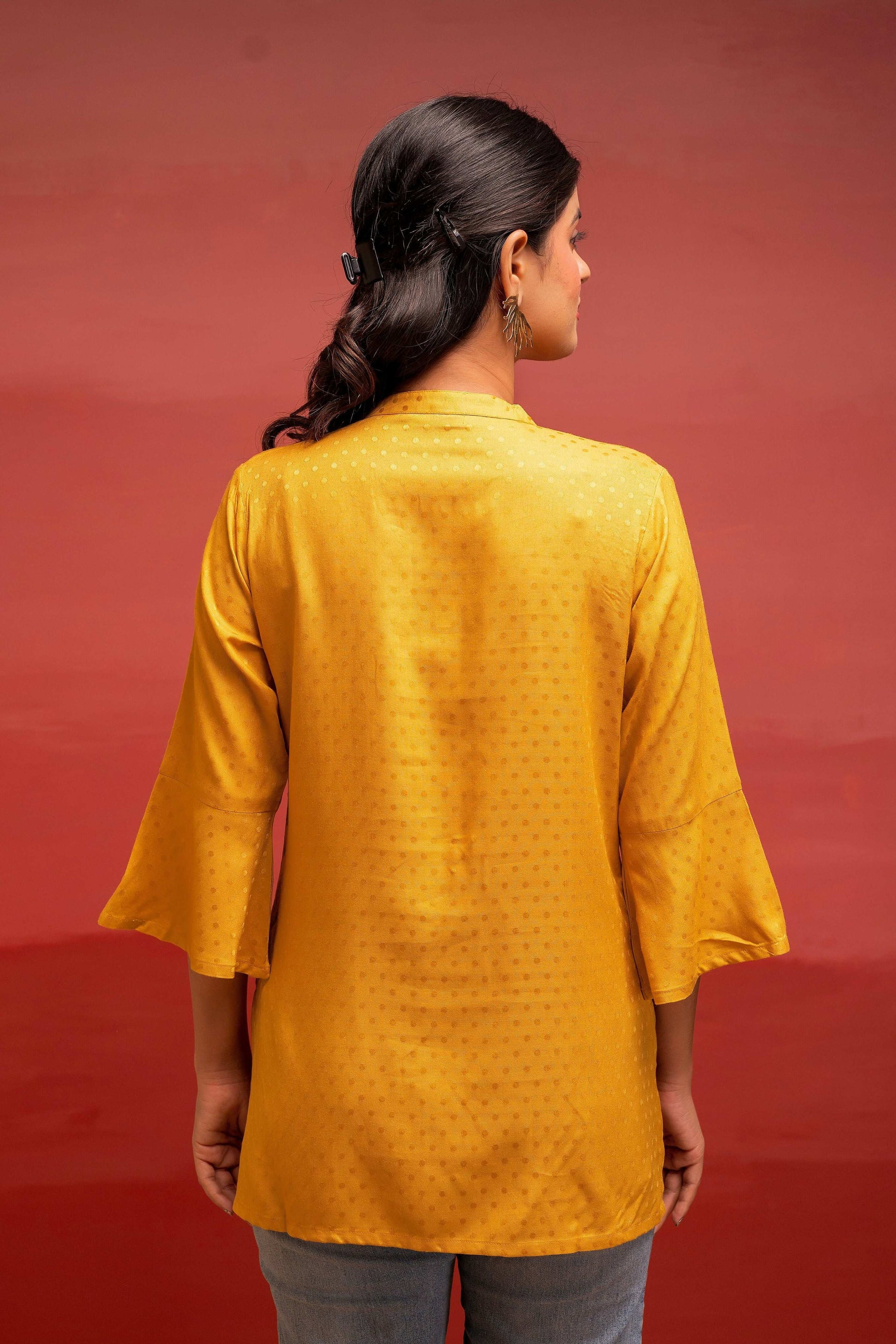 Juniper Mustard Polka Dot Viscose Tunic With Thread Work, Mirror & Button Detailing