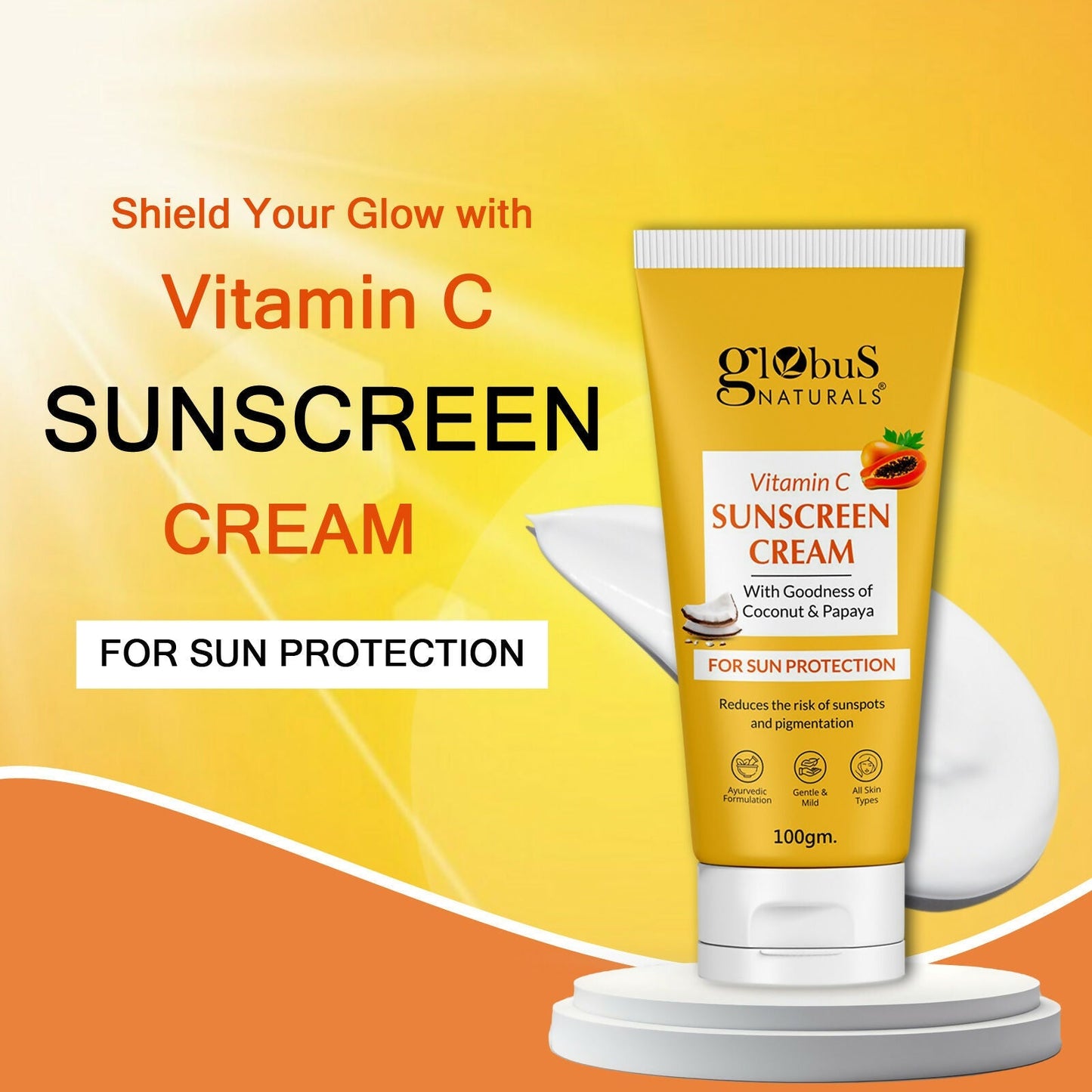 Globus Naturals Vitamin C Sunscreen Cream with Goodness of Coconut & Papaya For Sun Protection All Skin Types