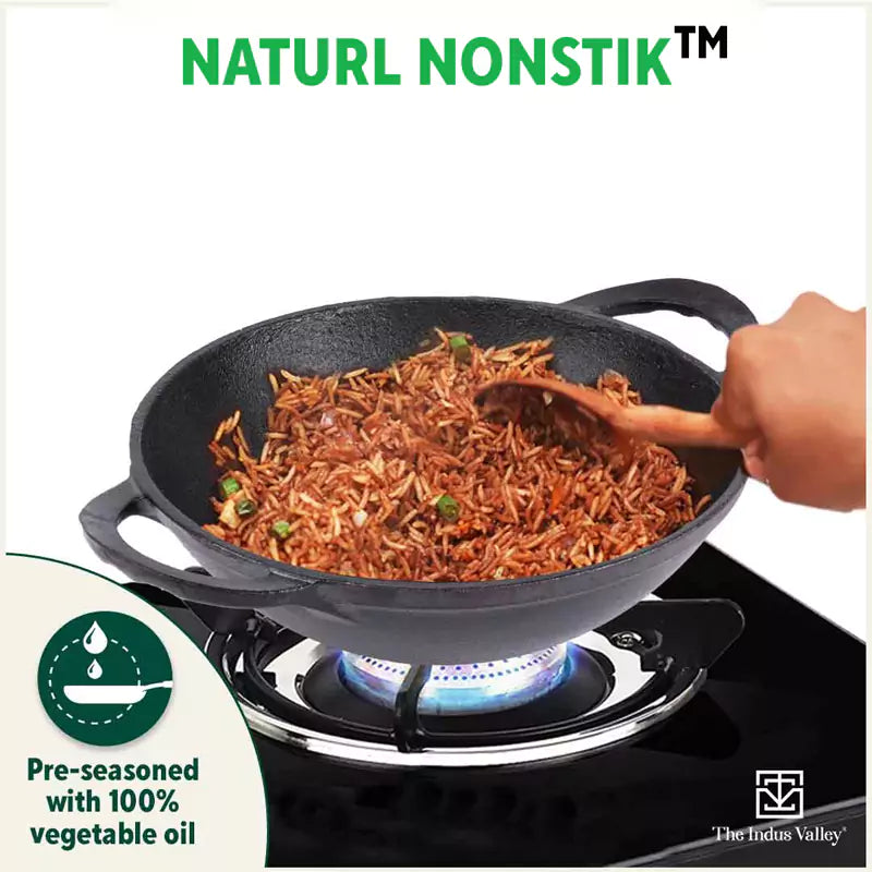 The Indus Valley CASTrong Cast Iron Kadai, Pre-seasoned, Nonstick, 100% Pure, Toxin-free, Spatula, 25.2cm, 2.2L, 2.37kg