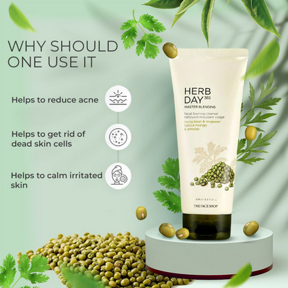 The Face Shop Herb Day 365 Master Blending Foaming Cleanser- Mungbean & Mugwort - Korean Skincare