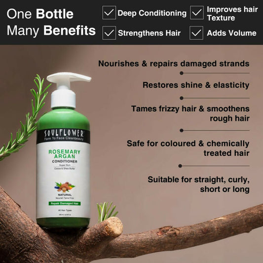 Soulflower Rosemary Argan Conditioner for Dry & Frizzy Hair, Damage Repair, Cocoa & Shea Butter