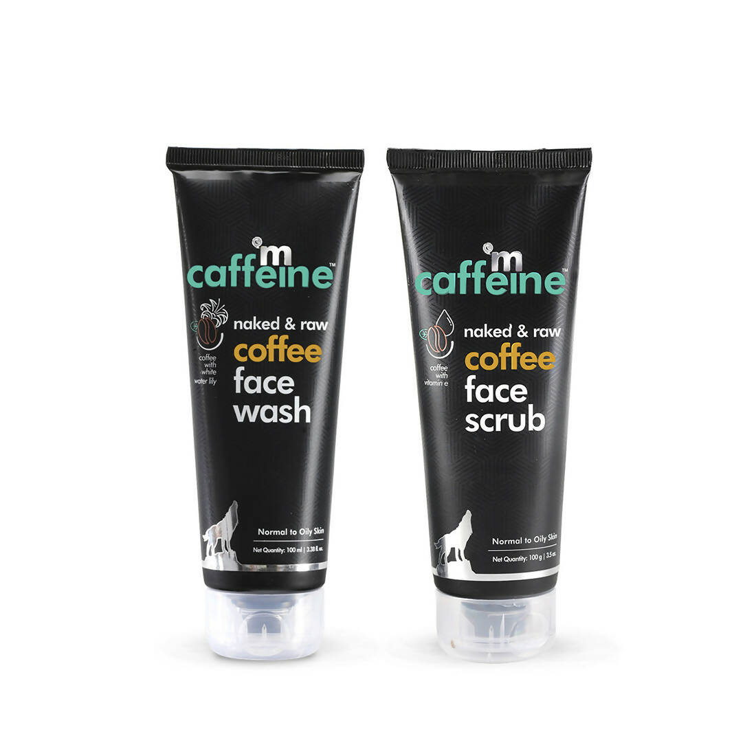 Two black tubes of 'm caffeine naked & raw coffee' face wash and scrub on a white background