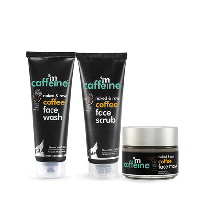 Three skincare products from the brand 'm caffeine' on a white background.
