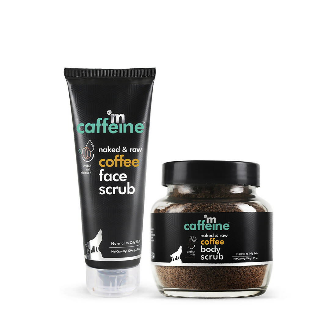 Two 'm caffeine' coffee face scrub products on a white background