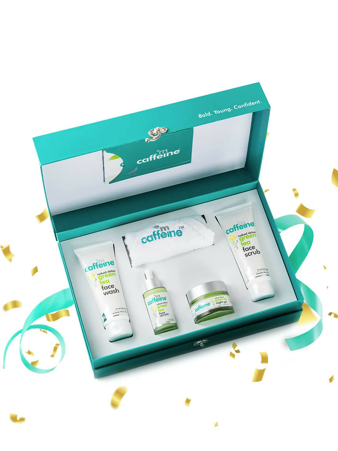 Skincare product set with 'Caffeine' branding in a teal box on a white background.