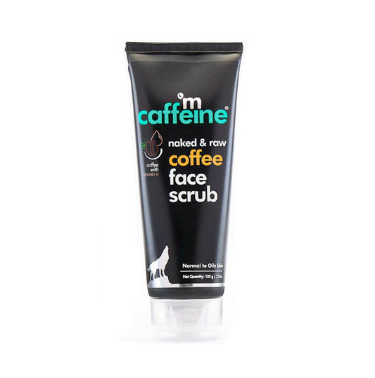 Tube of caffeine naked & raw coffee face scrub on a white background