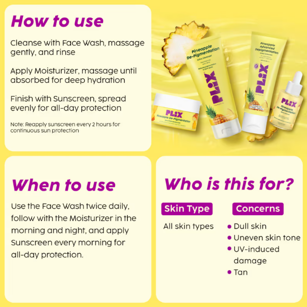 PLIX The Plant Fix Pineapple De-pigmentation Regime Facewash, Serum, Moisturizer & Sunscreen Combo