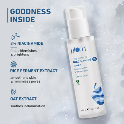 Plum 3% Niacinamide Alcohol-Free Toner and 10% Niacinamide Brightening Face Serum With Rice Water Combo