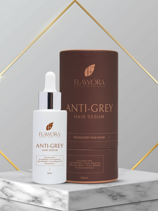 Flawora Anti-Grey Hair Serum For Reversing Grey Hair & Gold Face Serum For Brightening, Anti-Aging