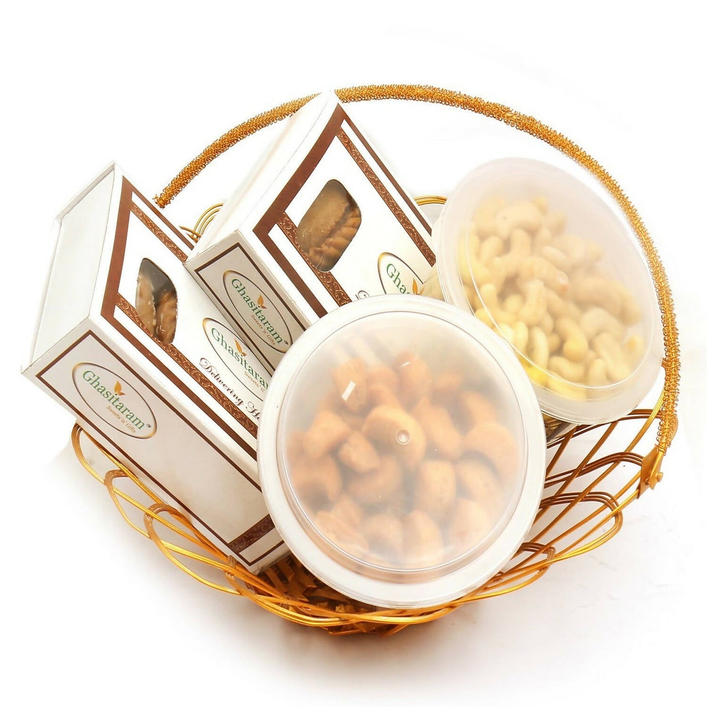 Ghasitaram Holi Hampers: Golden Metal Basket of Gujiya, Chocolate Gujiya, Kaju Biscuits, Mini Namkeen Gujiyas