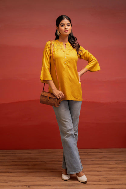 Juniper Mustard Polka Dot Viscose Tunic With Thread Work, Mirror & Button Detailing
