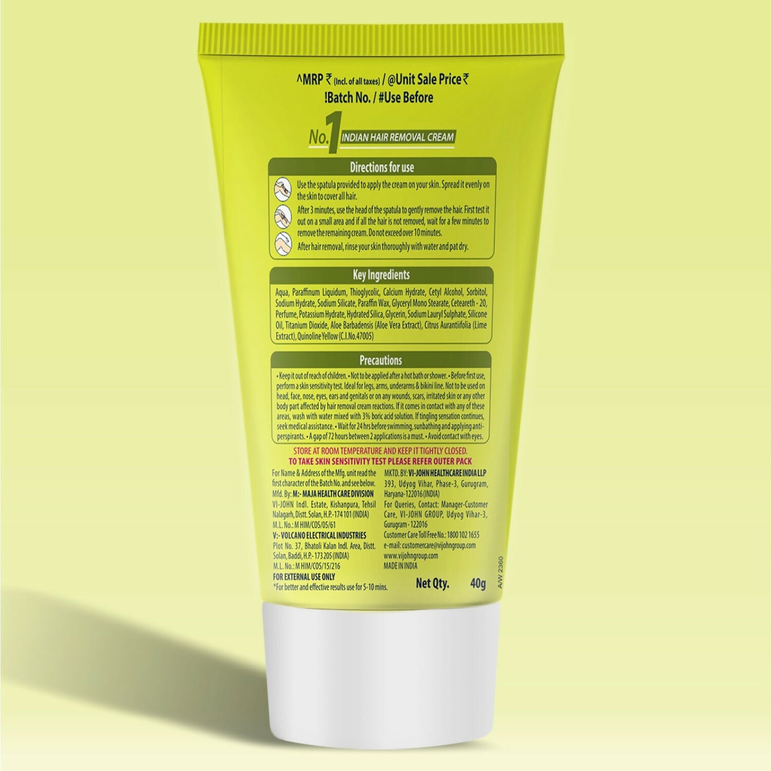 VI-JOHN Feather Touch Lime & Aloevera Hair Removal Cream for Women for Dry Skin, Suitable for Legs, Underarms, Bikini Line, Arms