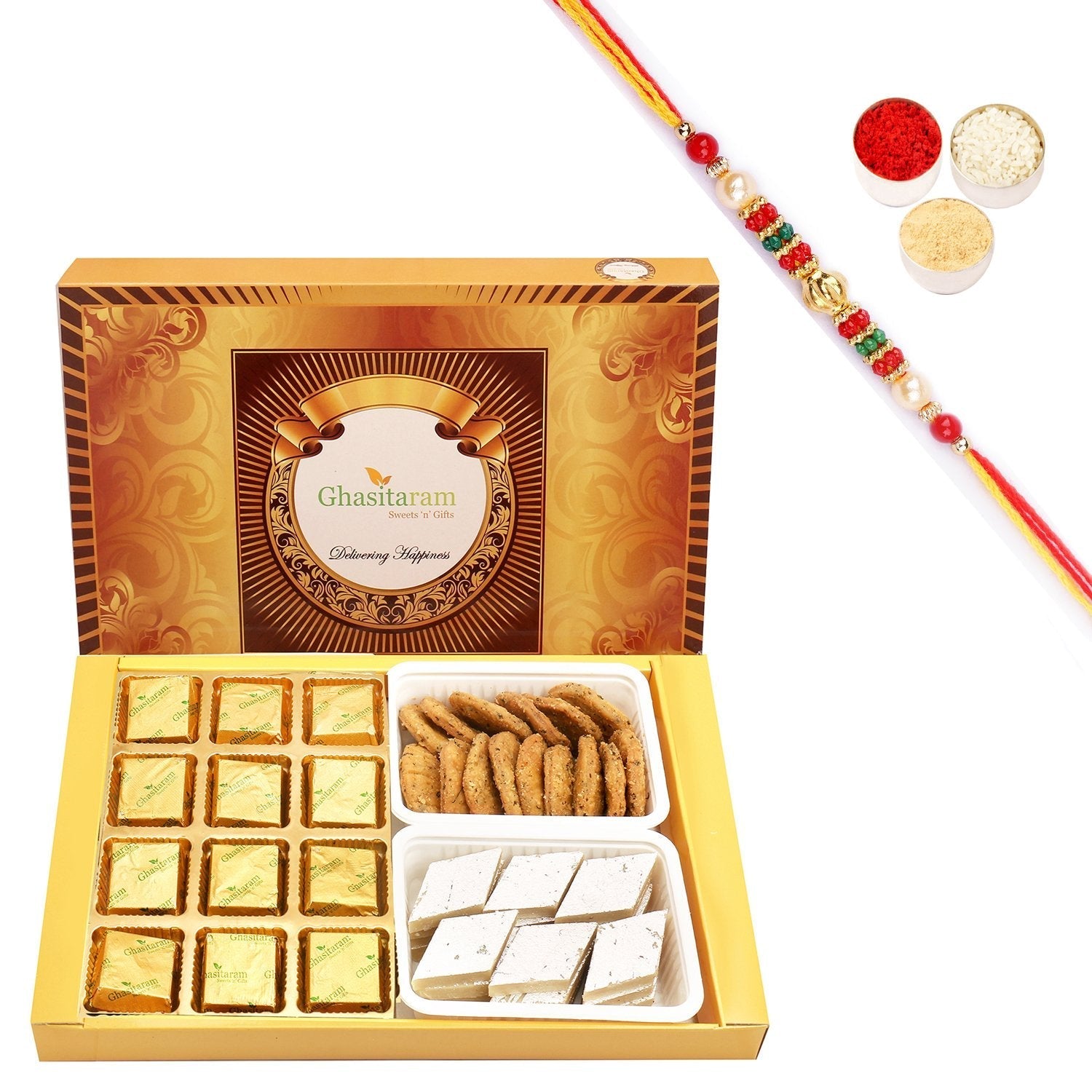 Ghasitaram Mewa Bites, Kaju Katli and Methi Mathi With Pearl Beads Rakhi