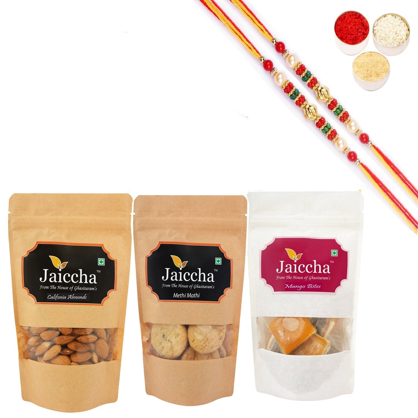Ghasitaram jaiccha Mango Bites, Methi Mathi and Almonds With 2 Pearl Beads Rakhis
