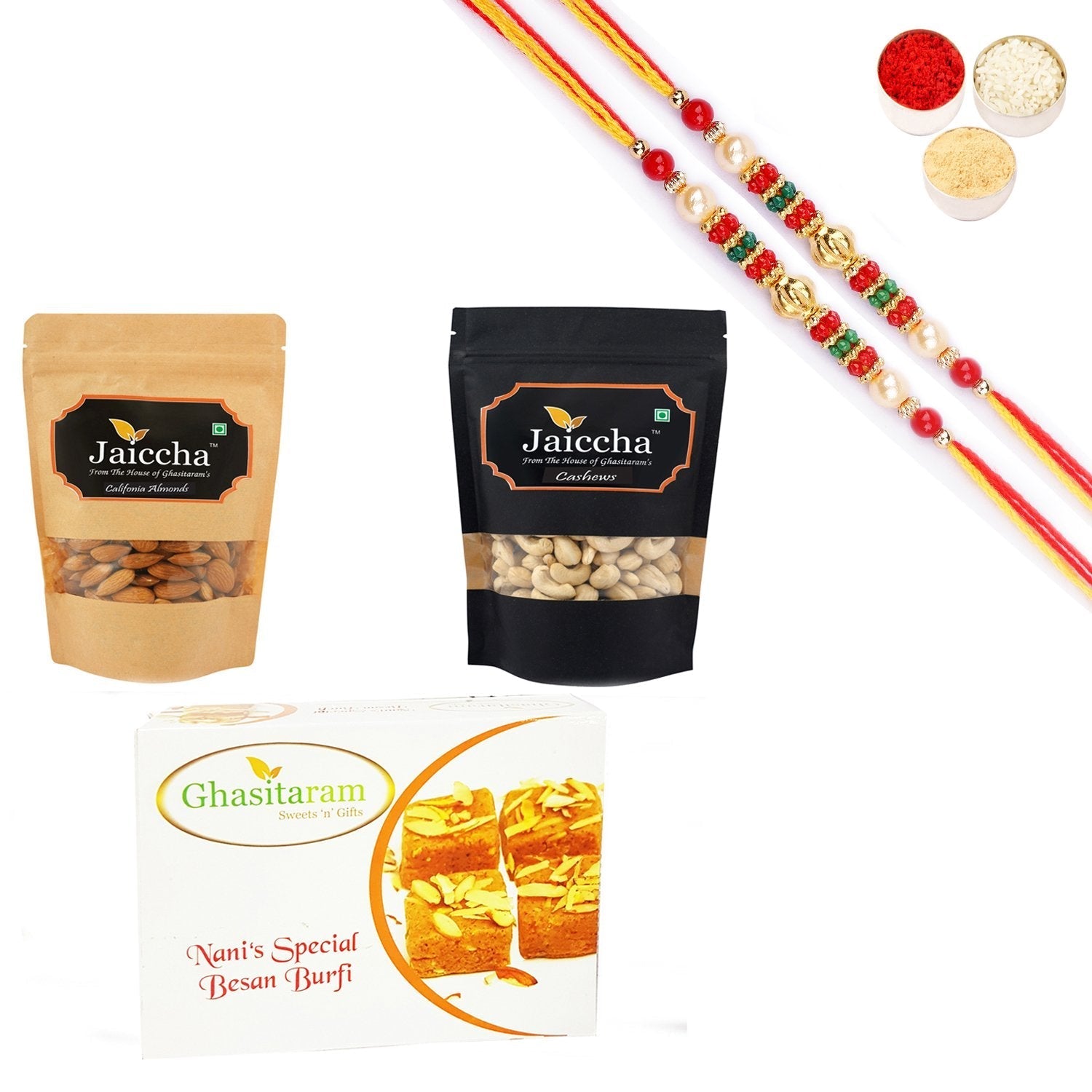 Ghasitaram Almonds,Cashews and Besan Barfi With Pearl Beads Rakhi