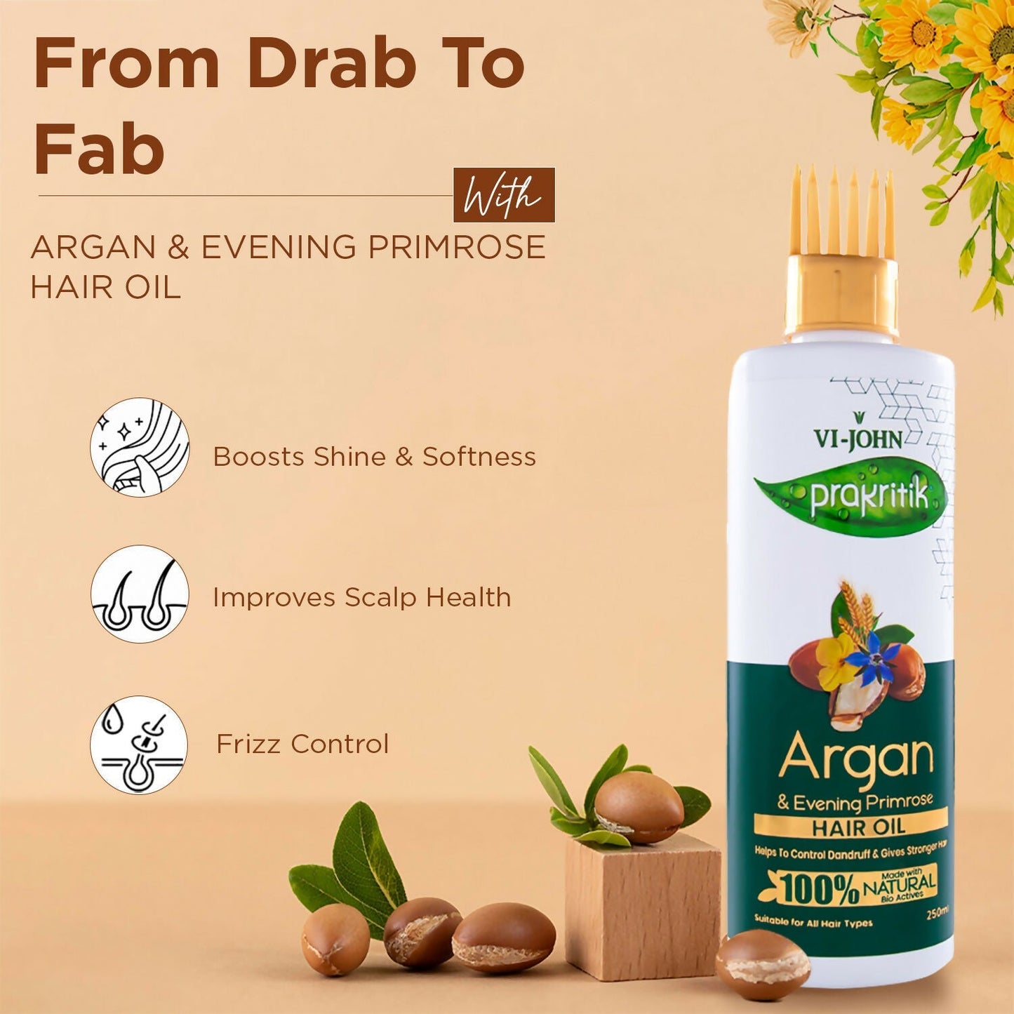 VI-JOHN Prakritik Argan & Evening Primrose Hair oil, Helps to Control Dandruff,100% Bio Actives Hair Oil