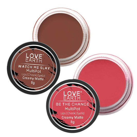 Love Earth Lip Tint & Cheek Tint Multipot Combo (Rose Pink & Caramel Brown)