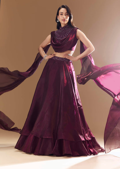 Wine Bridesmaid Organza Lehega with Cape