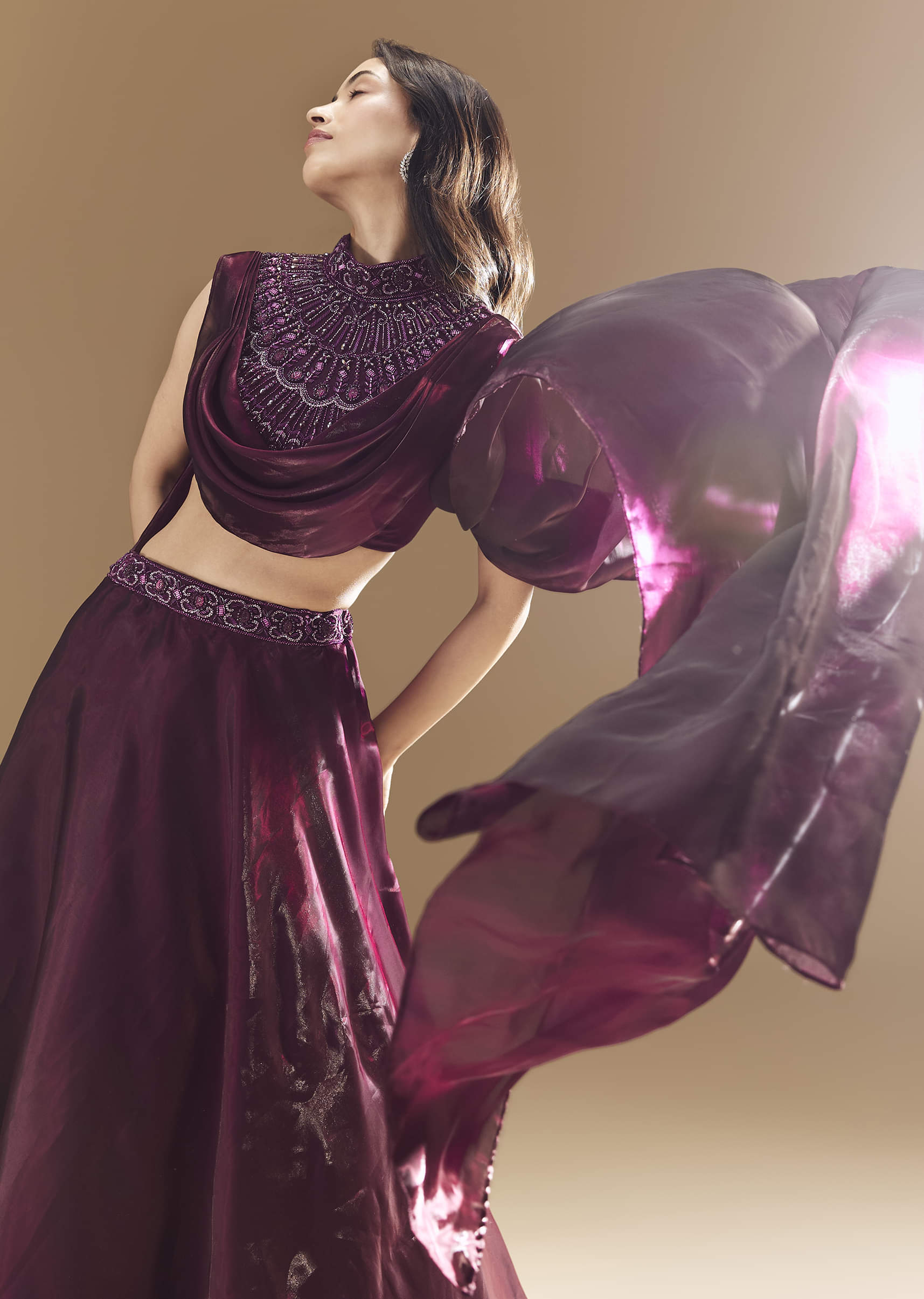 Wine Bridesmaid Organza Lehega with Cape