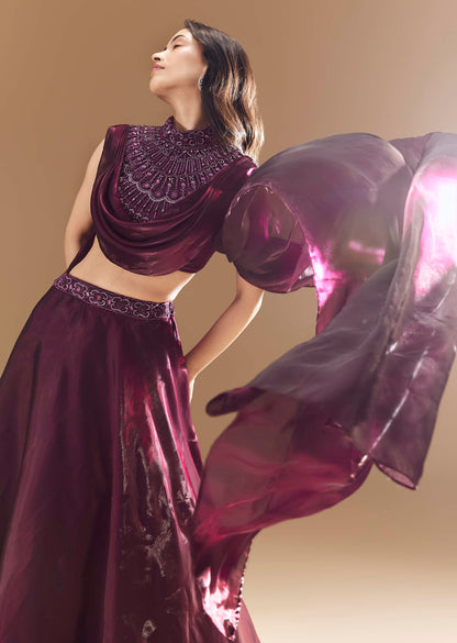 Wine Bridesmaid Organza Lehega with Cape