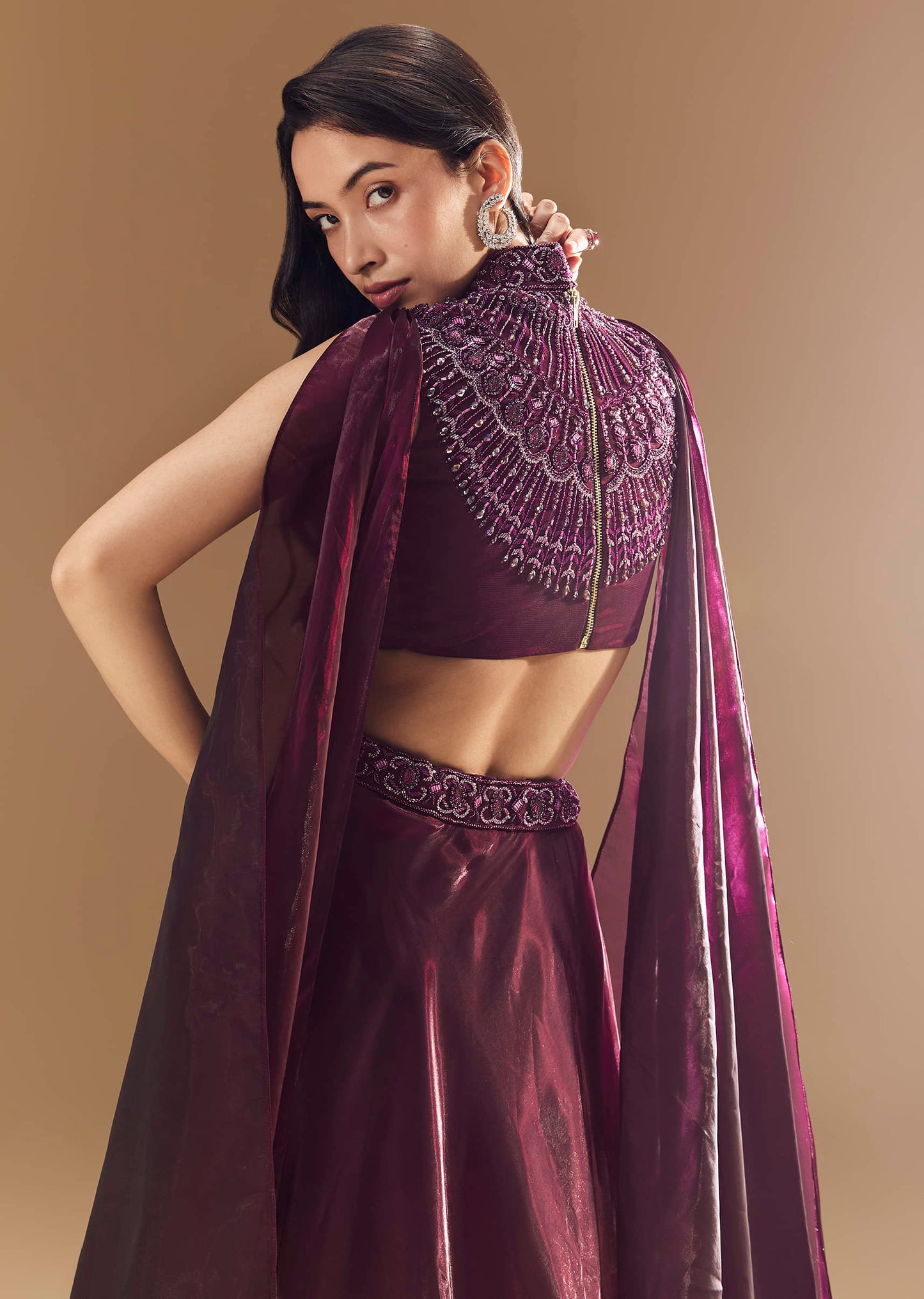 Wine Bridesmaid Organza Lehega with Cape