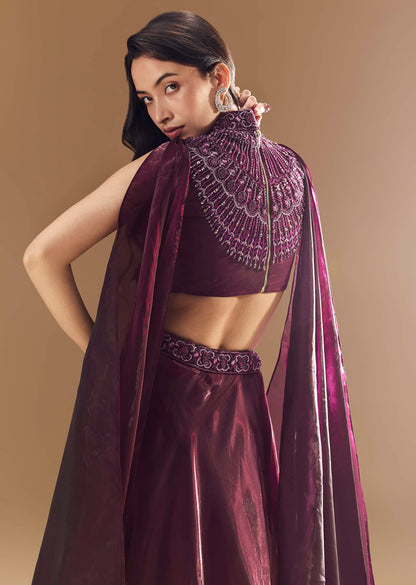 Wine Bridesmaid Organza Lehega with Cape