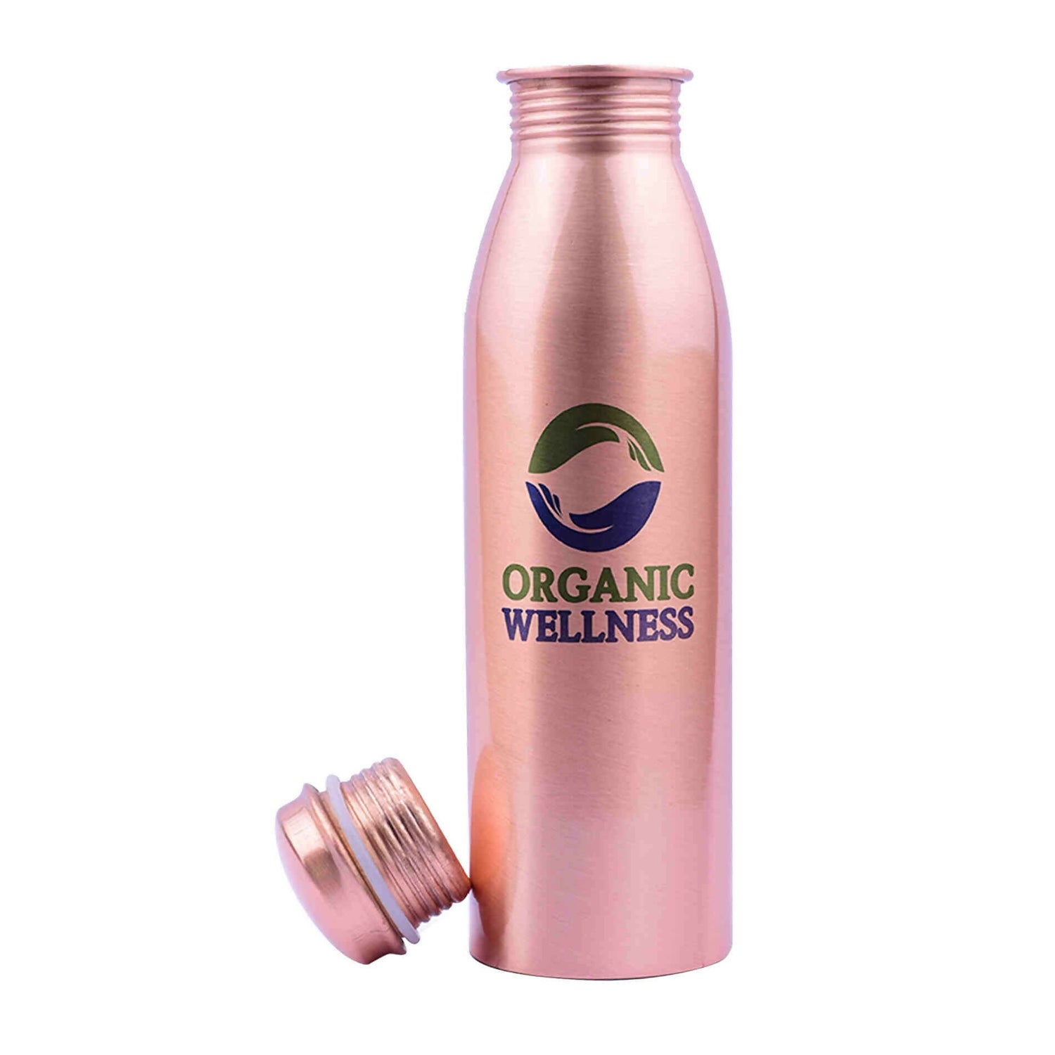 Rose gold water bottle with 'Organic Wellness' logo on a white background