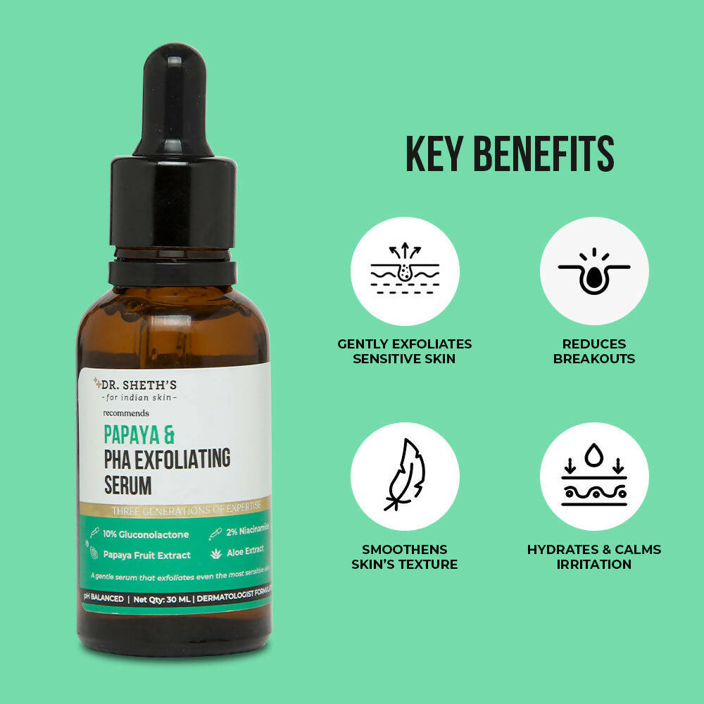 Dr. Sheth's Papaya & PHA Exfoliating Face Serum Reduces Open Pores, Dullness, Acne, Inflammation, For All Skin Types