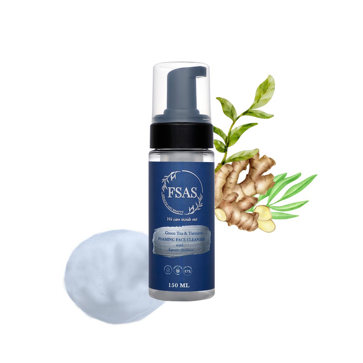 FSAS Health and Beauty 97% Plant-Derived Green Tea and Turmeric Foaming Face Cleanser
