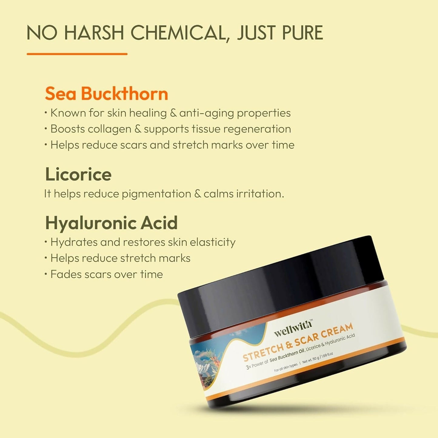 Wellwith Stretch & Scar Cream with Seabuckthorn Oil, Licorice & Hyaluronic Acid